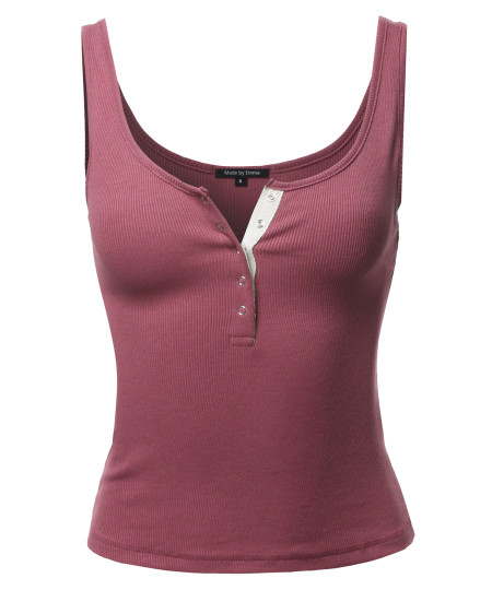 Women's Sold Round Neck Button Front Tank Top