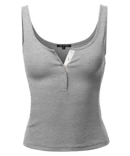 Women's Sold Round Neck Button Front Tank Top