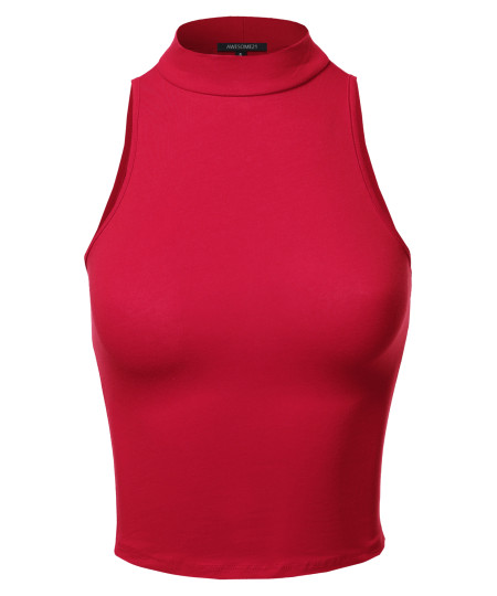 Women's Basic Solid Sleeveless Mock Neck Short Tank Top