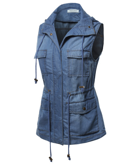 Women's Casual Denim Sleeveless  Military Safari Utility Drawstring Hoodie Vest