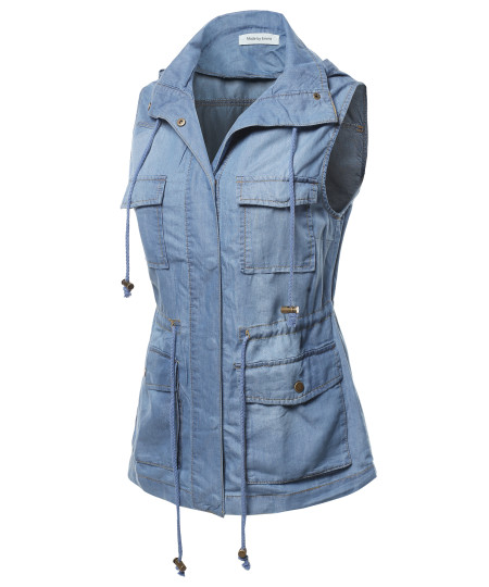 Women's Casual Denim Sleeveless  Military Safari Utility Drawstring Hoodie Vest