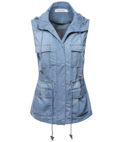 Women's Casual Denim Sleeveless  Military Safari Utility Drawstring Hoodie Vest