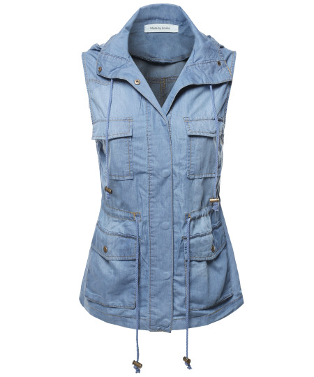 Women's Casual Denim Sleeveless  Military Safari Utility Drawstring Hoodie Vest