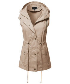 Women's CasualZipper With Snap Button Closure Military Drawstring Hoodie Vest