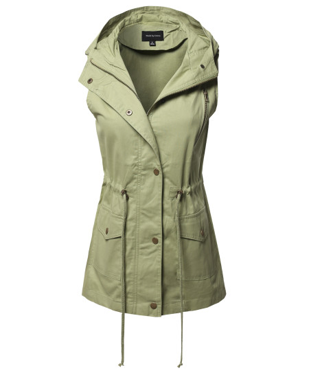 Women's CasualZipper With Snap Button Closure Military Drawstring Hoodie Vest