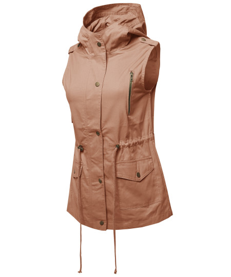 Women's Casual Zipper With Snap Button Closure Military Drawstring Hoodie Vest