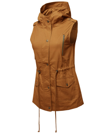 Women's Casual Zipper With Snap Button Closure Military Drawstring Hoodie Vest