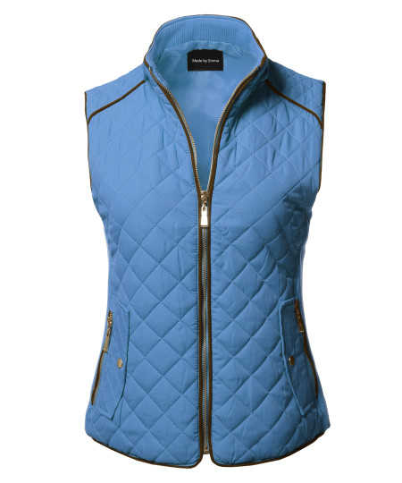 Women's Casual Quilted Suede Piping Details Gold Zipper Padding Vest