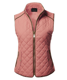 Women's Casual Quilted Suede Piping Details Gold Zipper Padding Vest