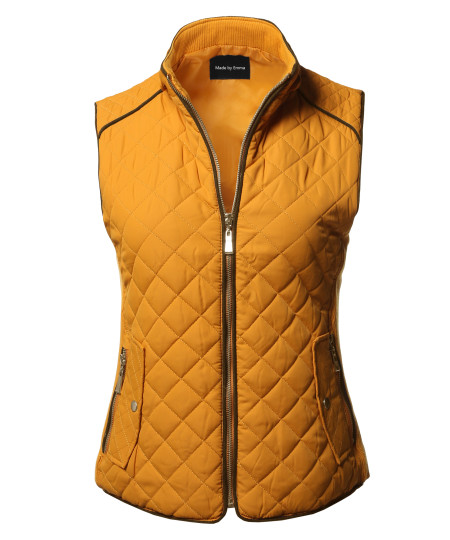 Women's Casual Quilted Suede Piping Details Gold Zipper Padding Vest