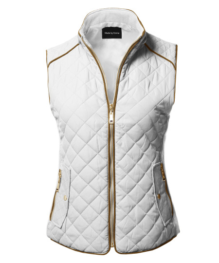 Women's Casual Quilted Suede Piping Details Gold Zipper Padding Vest