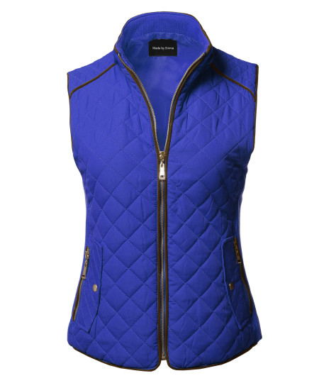 Women's Casual Quilted Suede Piping Details Gold Zipper Padding Vest