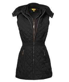 Women's Slim Fit Hooded Long Length Solid Quilted Vest