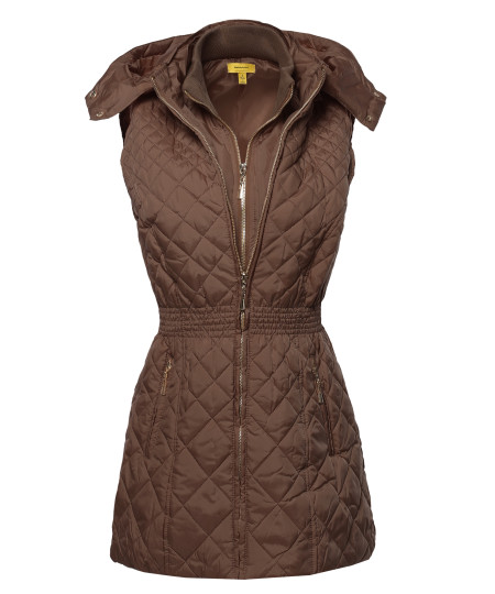 Women's Slim Fit Hooded Long Length Solid Quilted Vest