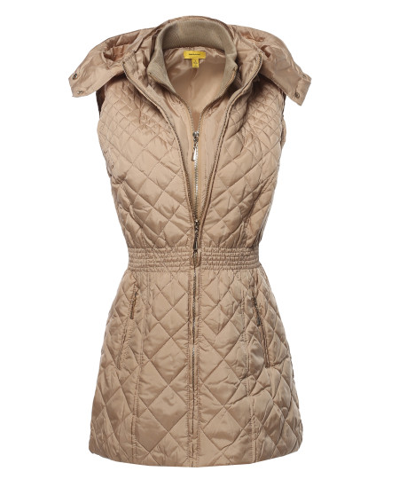 Women's Slim Fit Hooded Long Length Solid Quilted Vest