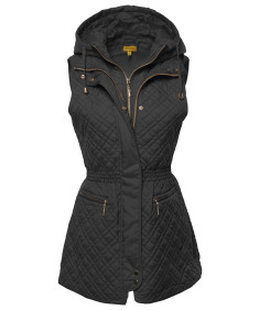 Women's Slim Fit Hooded Long Length Solid Quilted Vest