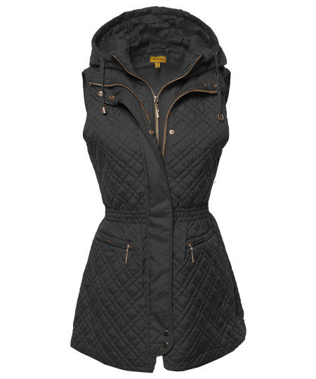 Women's Slim Fit Hooded Long Length Solid Quilted Vest