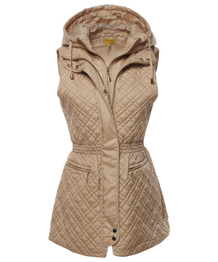 Women's Slim Fit Hooded Long Length Solid Quilted Vest