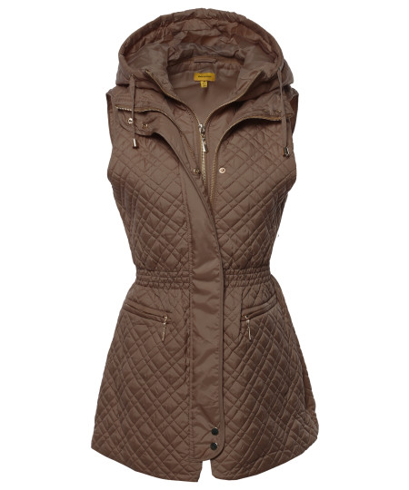 Women's Slim Fit Hooded Long Length Solid Quilted Vest