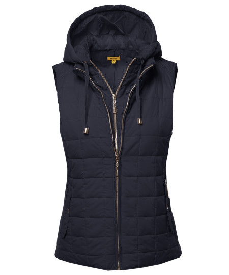 Women's Solid Basic Quilted Vest Side Rib Panel Details