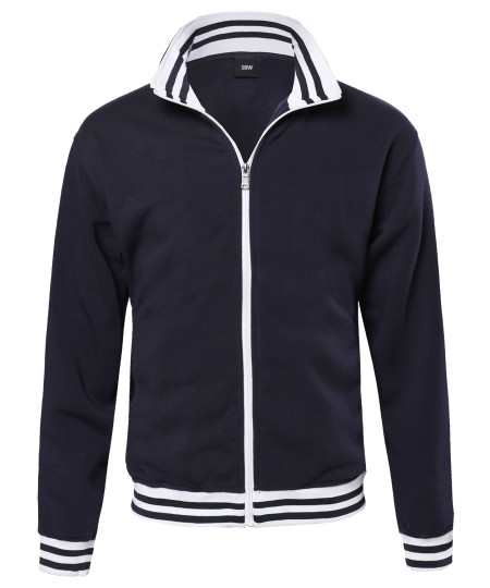 Men's Basic Full-Zip Fleece Jacket With Stripe Details