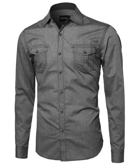 Men's Everyday Basic Button-Collar Chambray Long Sleeve Shirt