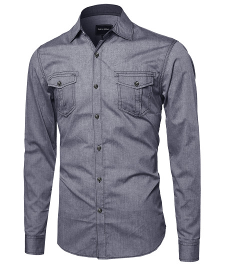 Men's Everyday Basic Button-Collar Chambray Long Sleeve Shirt