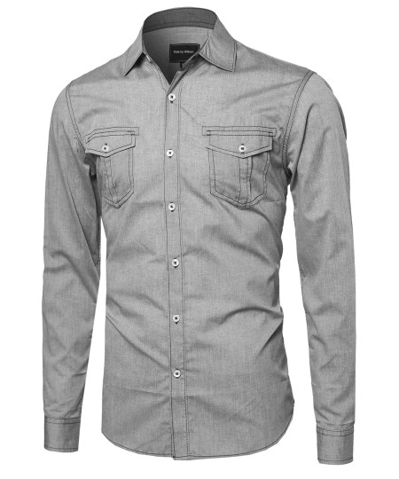 Men's Everyday Basic Button-Collar Chambray Long Sleeve Shirt