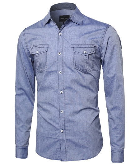 Men's Everyday Basic Button-Collar Chambray Long Sleeve Shirt