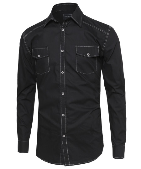 Men's Everyday Basic Button-Collar Chambray Long Sleeve Shirt