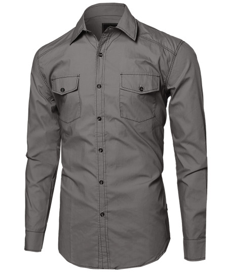 Men's Everyday Basic Button-Collar Chambray Long Sleeve Shirt