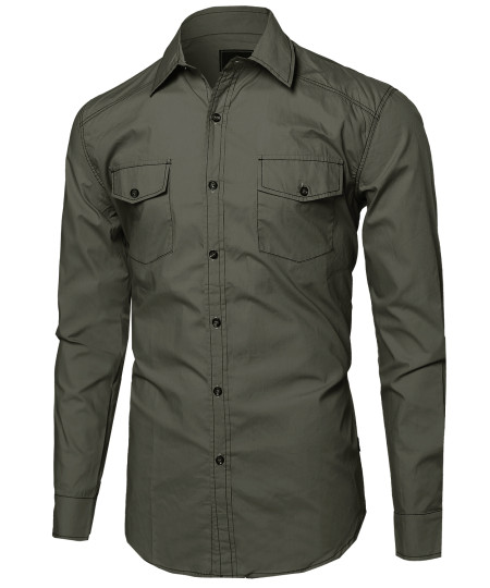 Men's Everyday Basic Button-Collar Chambray Long Sleeve Shirt