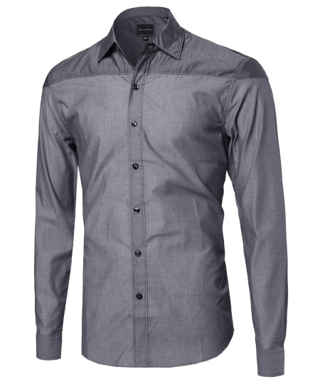 Men's Everyday Basic Button-Collar Chambray Long Sleeve Shirt