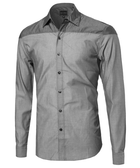 Men's Everyday Basic Button-Collar Chambray Long Sleeve Shirt