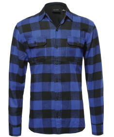 Men's Flannel Plaid Checkered Long Sleeve Shirt With Front Pockets