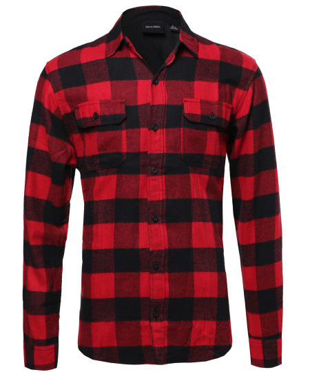 Men's Flannel Plaid Checkered Long Sleeve Shirt With Front Pockets