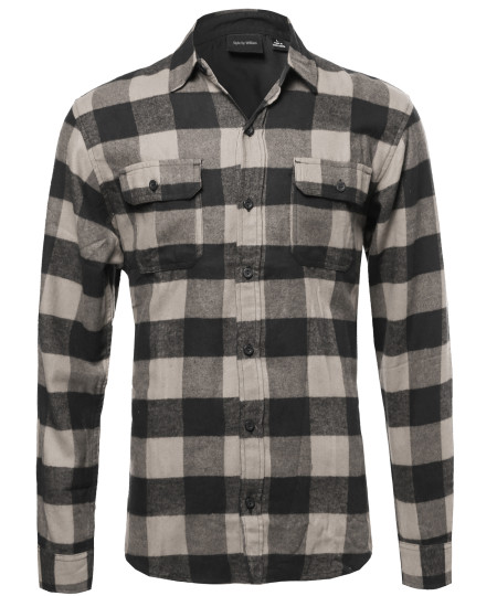Men's Flannel Plaid Checkered Long Sleeve Shirt With Front Pockets