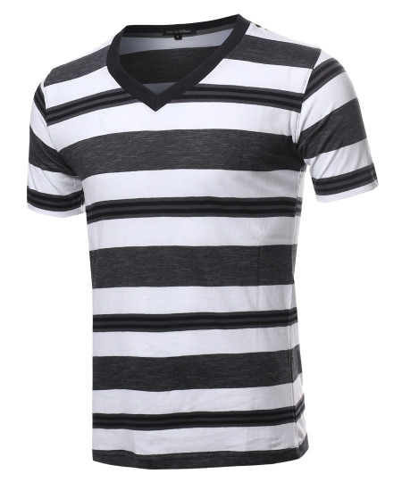 Men's Casual Soft Striped V-neck Short Sleeve Cotton T-Shirt