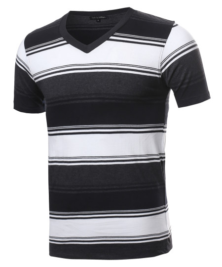 Men's Casual Soft Striped V-neck Short Sleeve Cotton T-Shirt