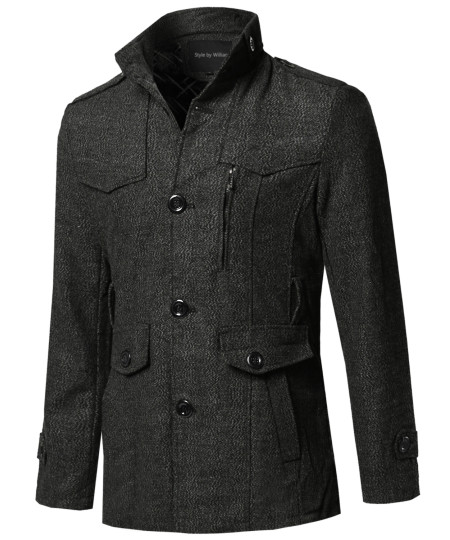 Men's Classic Tweed Pattern Mock Neck Detachable Belt Coat