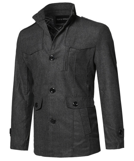 Men's Classic Tweed Pattern Mock Neck Detachable Belt Coat