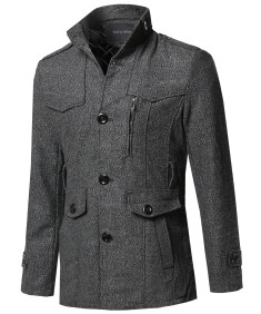 Men's Classic Tweed Pattern Mock Neck Detachable Belt Coat