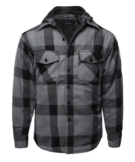 Men's Casual Detachable Hoodie Plaid Flannel quilted Button Jacket