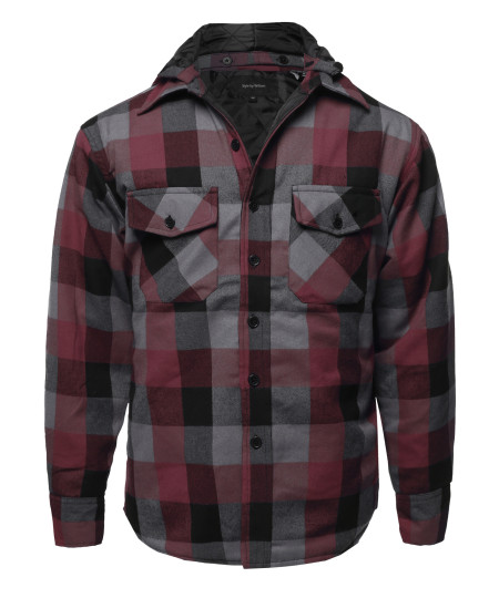 Men's Casual Detachable Hoodie Plaid Flannel quilted Button Jacket