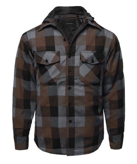 Men's Casual Detachable Hoodie Plaid Flannel quilted Button Jacket