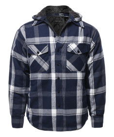 Men's Casual Detachable Hoodie Plaid Flannel quilted Button Jacket