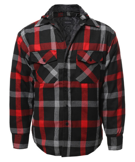 Men's Casual Detachable Hoodie Plaid Flannel quilted Button Jacket