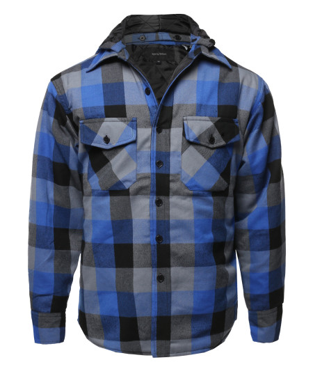 Men's Casual Detachable Hoodie Plaid Flannel quilted Button Jacket