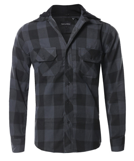 Men's Flannel Woven Long Sleeves Detachable Hood Button Down Shirt