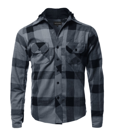 Men's Flannel Woven Long Sleeves Detachable Hood Button Down Shirt